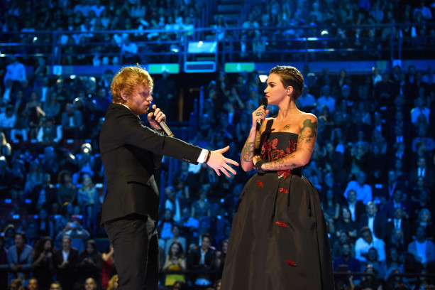 MILAN, ITALY - OCTOBER 25: Ed Sheeran and Ruby Rose speak onstage at the MTV EMA's 2015 at Mediolanum Forum on October 25, 2015 in Milan, Italy. (Photo by Kevin Mazur/WireImage)