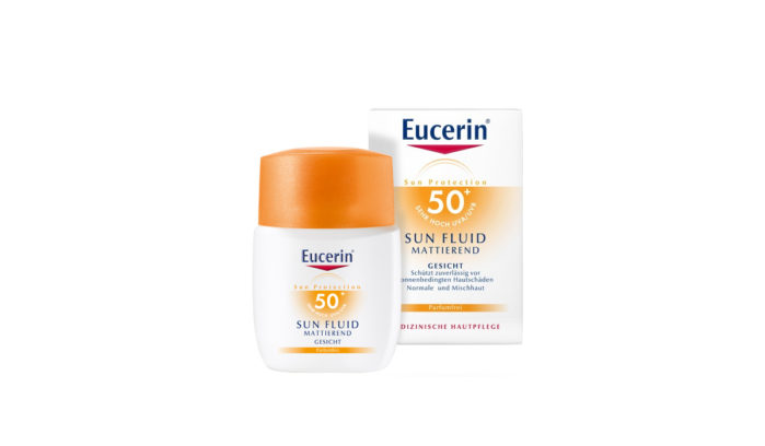 Eucerin Sun Fluid mit LSF 50 für Gesicht – tut aber auch der Körperhaut gut, ca. 14 Euro