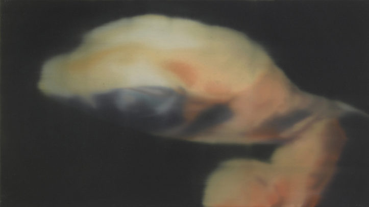 Ein Bild von Eberhard Havekost, auf dem ein verschwommenes in fließenden Gelb-, Orange- und Schwarztönen zu sehen ist.
