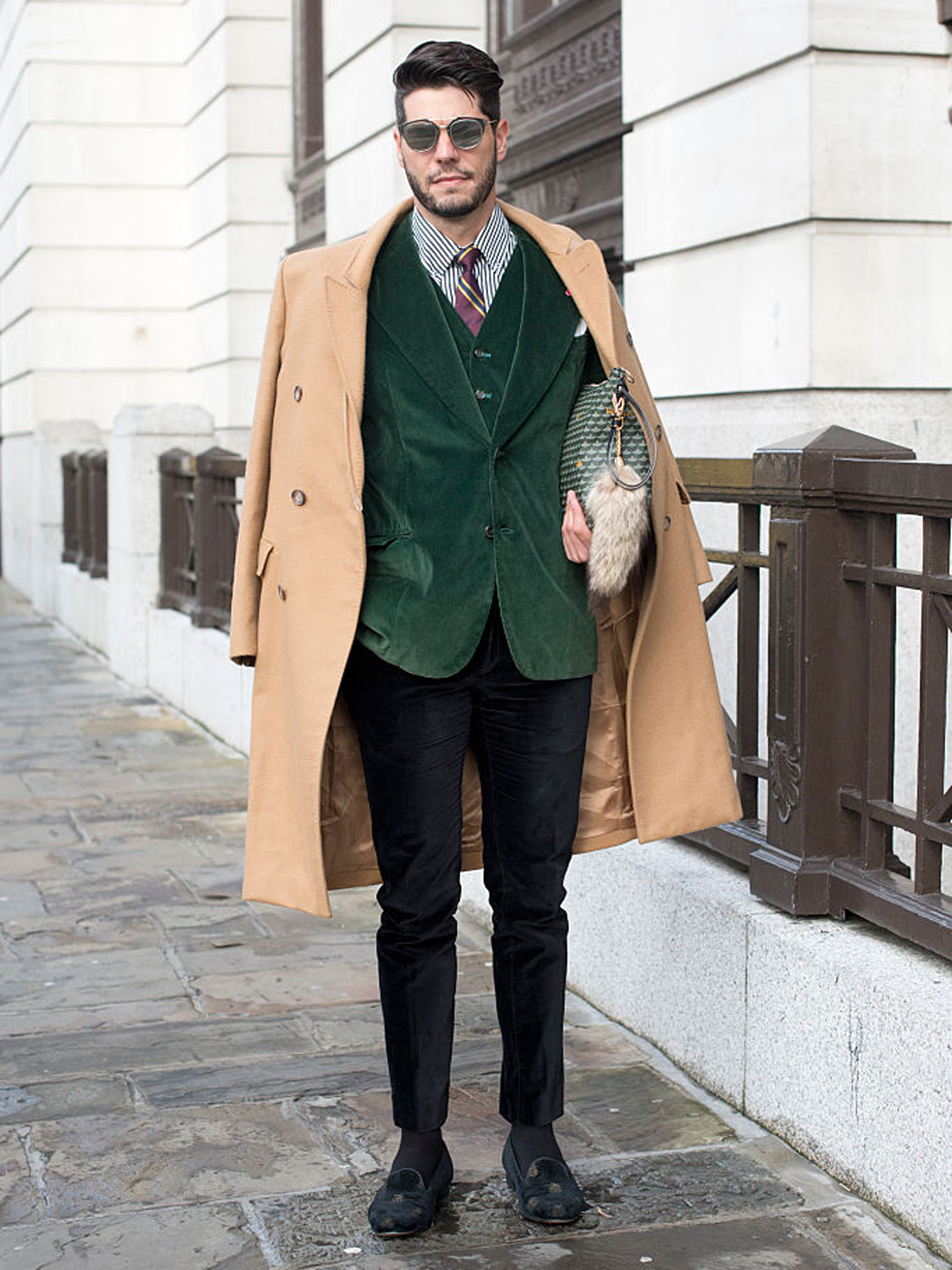 LONDON, ENGLAND - JANUARY 10: Fashion editor Kadu Dantas wearing a Margiella coat, Loja Vitor Alfaiate blazer and waistcoat, Zara trousers, Bluebird shoes, Fauve le Page clutch bag and Dior sunglasses on day 2 of London Collections: Men on January 10, 2015 in London, England. (Photo by Kirstin Sinclair/Getty Images)