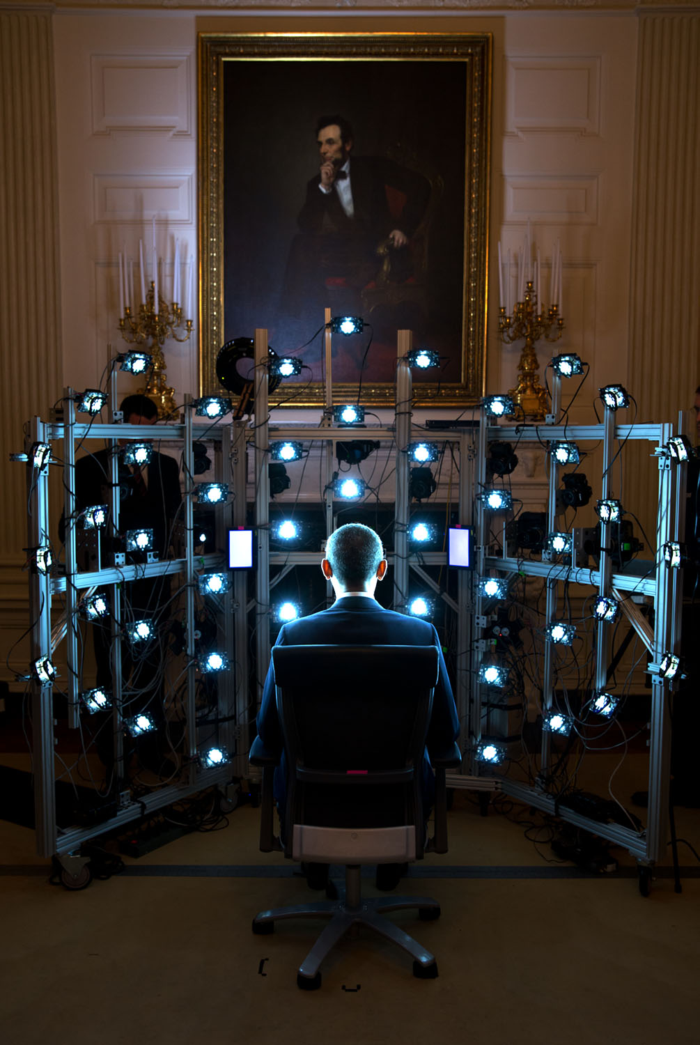 June 9, 2014 "The President sits for a 3D portrait being produced by the Smithsonian Institution. There were so many cameras and strobe lights flashing but the end result was kind of cool. See the video at this link: http://1.usa.gov/1zhPtAf." (Official White House Photo by Pete Souza) This official White House photograph is being made available only for publication by news organizations and/or for personal use printing by the subject(s) of the photograph. The photograph may not be manipulated in any way and may not be used in commercial or political materials, advertisements, emails, products, promotions that in any way suggests approval or endorsement of the President, the First Family, or the White House.