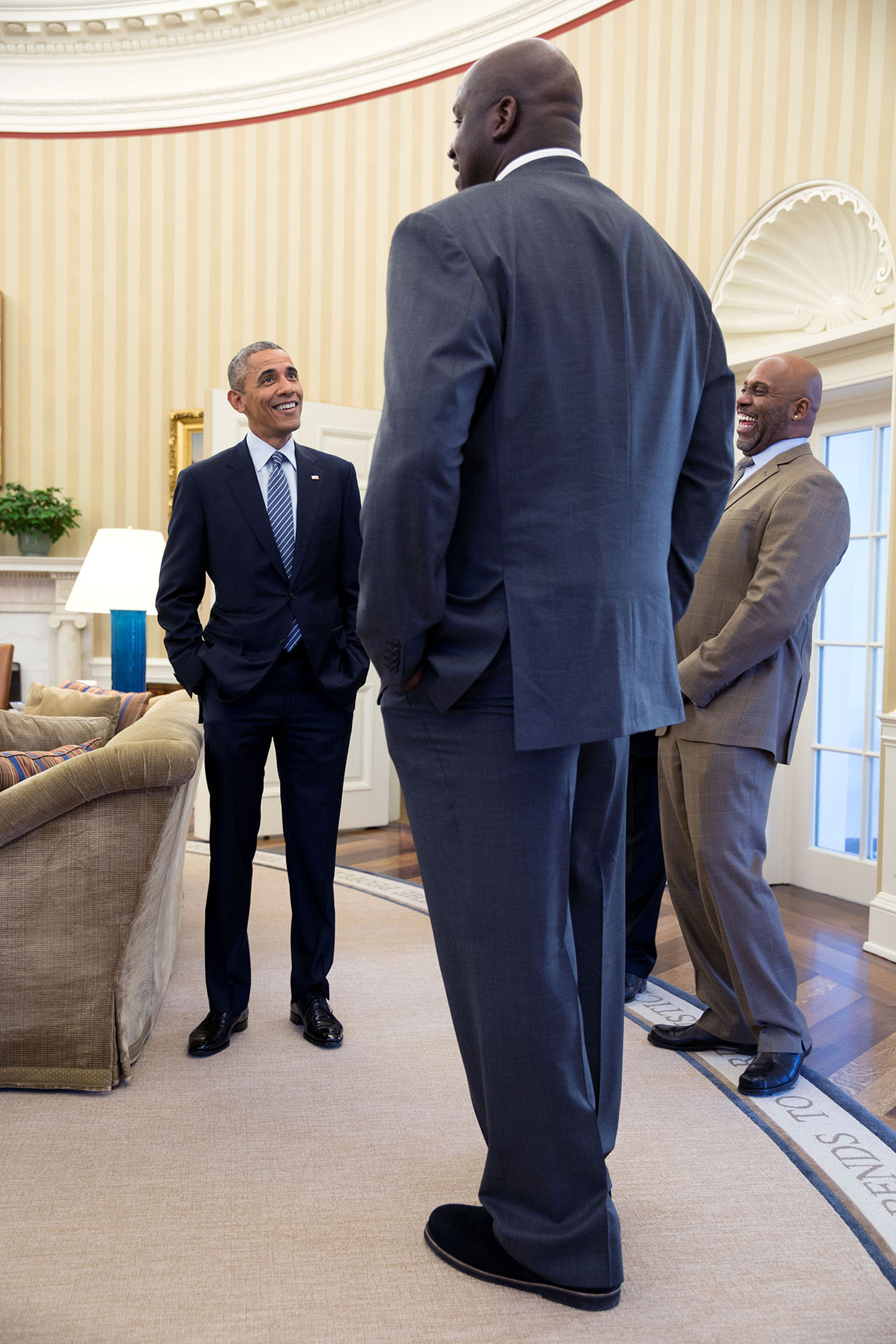 Feb. 27, 2015 "It's definitely true that former NBA player Shaquille O'Neal is a big guy. But I'll admit that I used a wide angle lens and this angle to accentuate his size when he stopped by the Oval Office for a quick visit." (Official White House Photo by Pete Souza) This official White House photograph is being made available only for publication by news organizations and/or for personal use printing by the subject(s) of the photograph. The photograph may not be manipulated in any way and may not be used in commercial or political materials, advertisements, emails, products, promotions that in any way suggests approval or endorsement of the President, the First Family, or the White House.