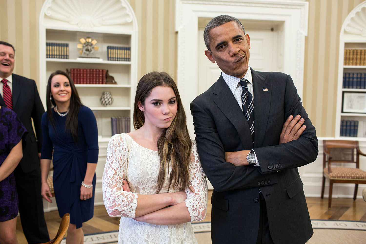 Nov. 15, 2012 "The President had just met with the U.S. Olympics gymnastics team, who because of a previous commitment had missed the ceremony earlier in the year with the entire U.S. Olympic team. The President suggested to McKayla Maroney that they recreate her 'not impressed' photograph before they departed." (Official White House Photo by Pete Souza) This official White House photograph is being made available only for publication by news organizations and/or for personal use printing by the subject(s) of the photograph. The photograph may not be manipulated in any way and may not be used in commercial or political materials, advertisements, emails, products, promotions that in any way suggests approval or endorsement of the President, the First Family, or the White House.