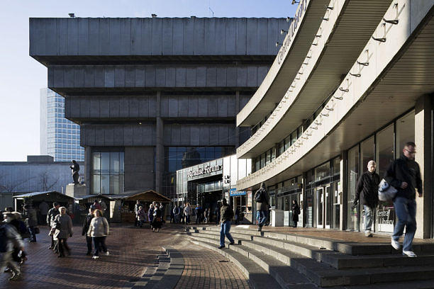, Chamberlain Square, Birmingham, West Midlands, United Kingdom, Architect: John Madin Design Group, 1974, Birmingham Central Library John Madin Exterior Chamberlain Square Entrance (Photo by View Pictures/UIG via Getty Images)