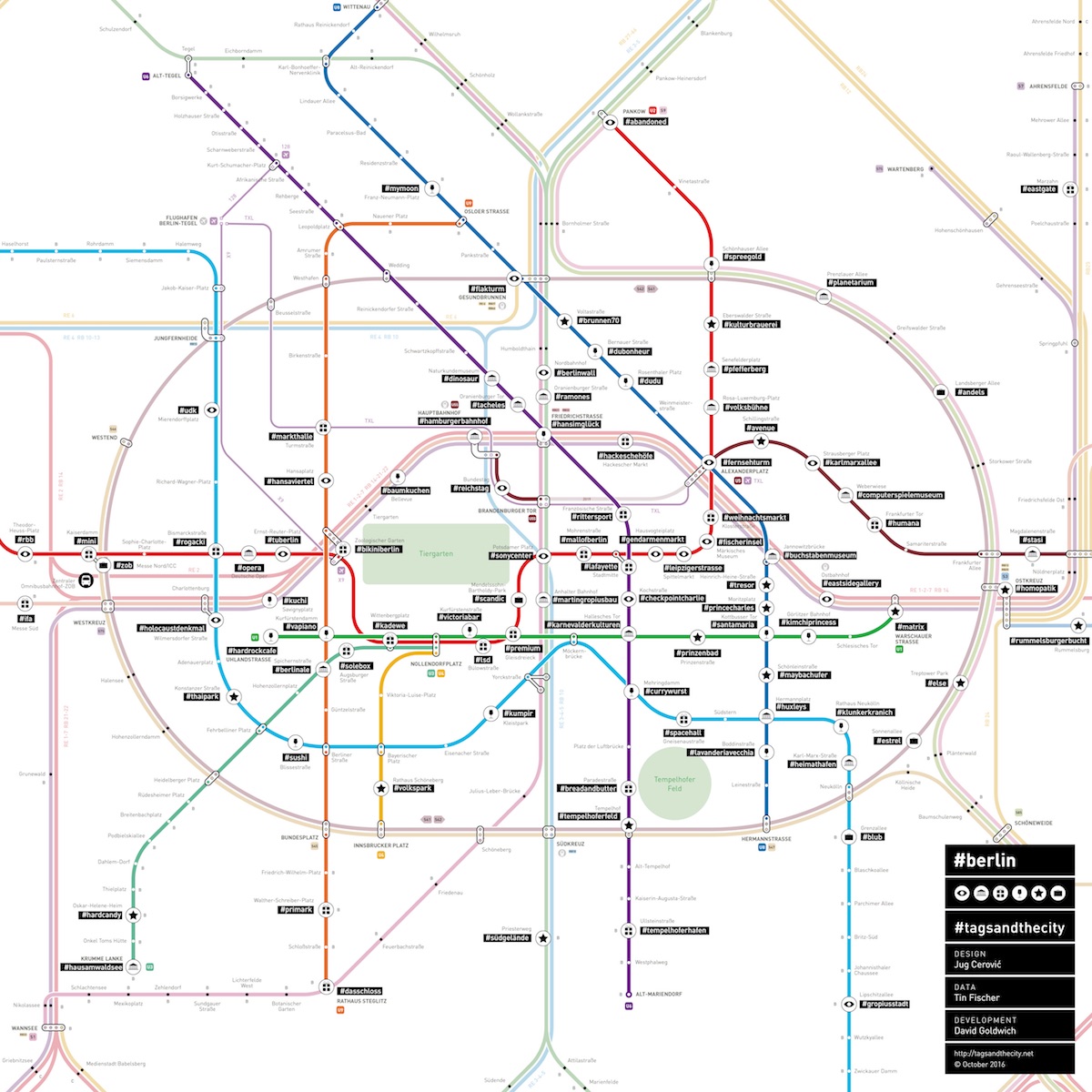 Ein BVG-Netzplan mit den wichtigsten Hashtags zu den jeweiligen U-Bahn-Stationen