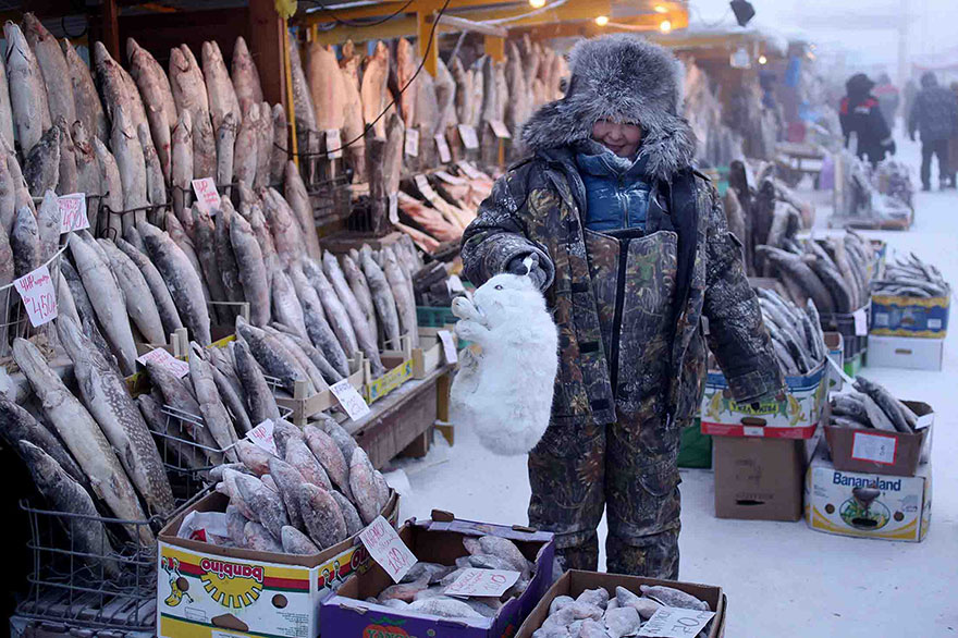 Weil es keine Vegetation in Oymyakon gibt, haben lokale Marktbesitzer vor allem Fisch und Fleisch im Angebot.