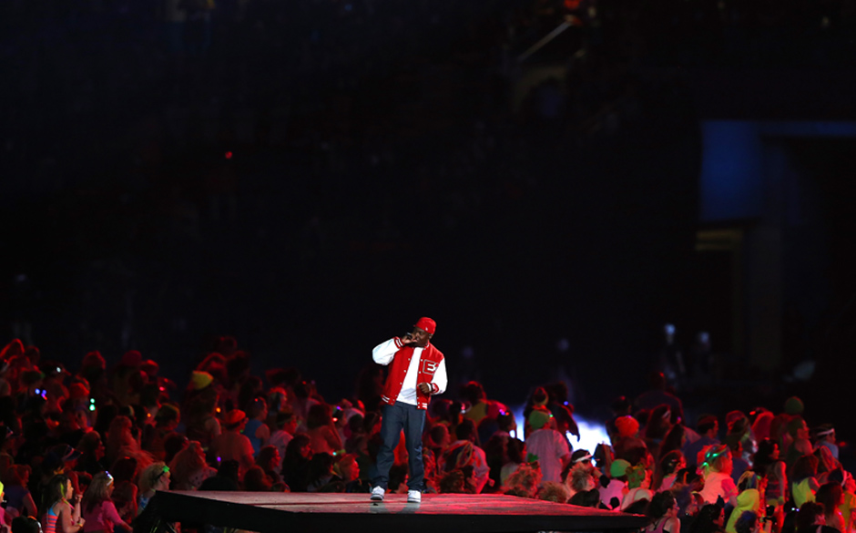 LONDON, ENGLAND - JULY 27:  Dizzee Rascal performs during the Opening Ceremony of the London 2012 Olympic Games at the Oly...