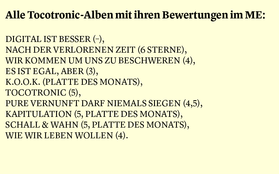 Faktum 99: Die ME-Bewertungen zu allen Tocotronic Alben.