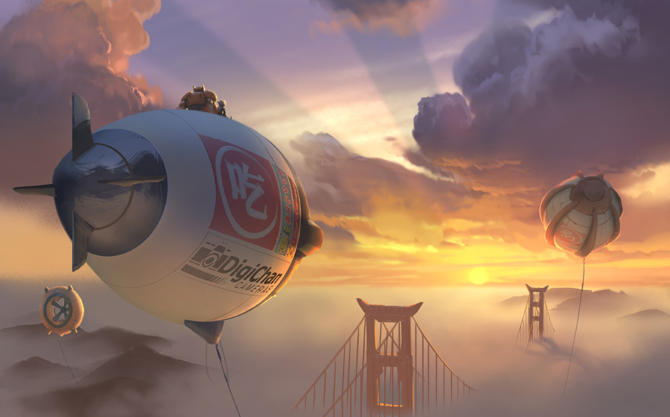 Konzept-Artwork als Vorgeschmack: Held Hiro und sein Begleiter genießen in "Big Hero 6" den Ausblick über San Fransokyo.