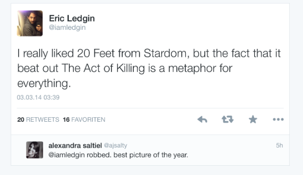 #traurigaberwahr: Doku-Revolution „The Act Of Killing“ geht leer aus, während das luftigere „20 Feet To Stardom“ ...