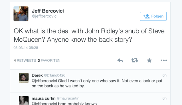 Ist da etwas vorgefallen? Autor John Ridley schüttelt auf dem Weg zur Bühne Regisseur McQueen nicht die Hand und erwähn...