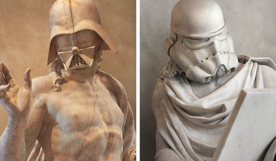 Darth Vader und ein Stormtrooper als griechische Statue