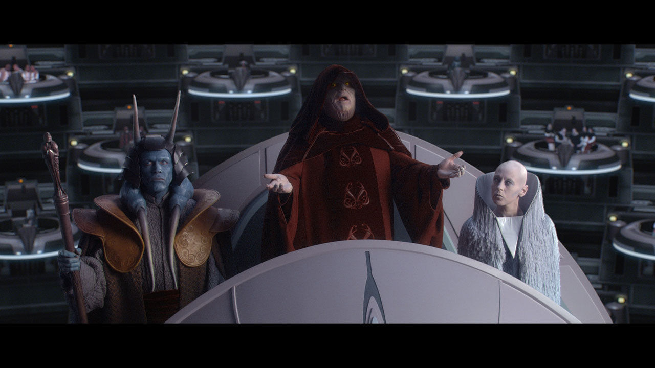 In der Zwischenzeit ruft Palpatine das erste galaktische Imperium vor dem Senat aus, mit ihm als Imperator. Alle Anwesende...