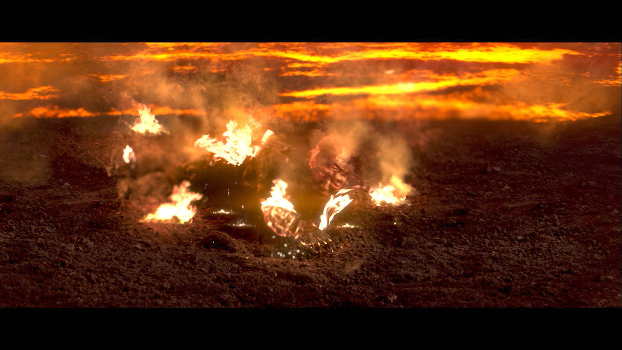 Anakin unterliegt im Kampf Obi-Wan und fängt Feuer. Obi-Wan weint über den Verlust seines einstigen Freundes, lässt Ana...