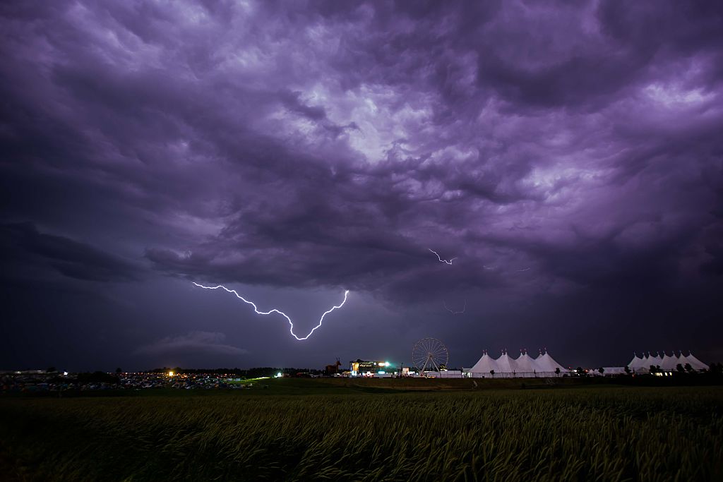 NEUHAUSEN, GERMANY - JUNE 24:  General view with heavy thunderstorms are seen during the Southside festival on June 24, 20...