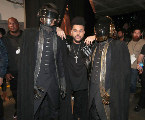 LOS ANGELES, CA - FEBRUARY 12: Musicians Daft Punk and The Weeknd (C) attend The 59th GRAMMY Awards at STAPLES Center on February 12, 2017 in Los Angeles, California. (Photo by Christopher Polk/Getty Images for NARAS)