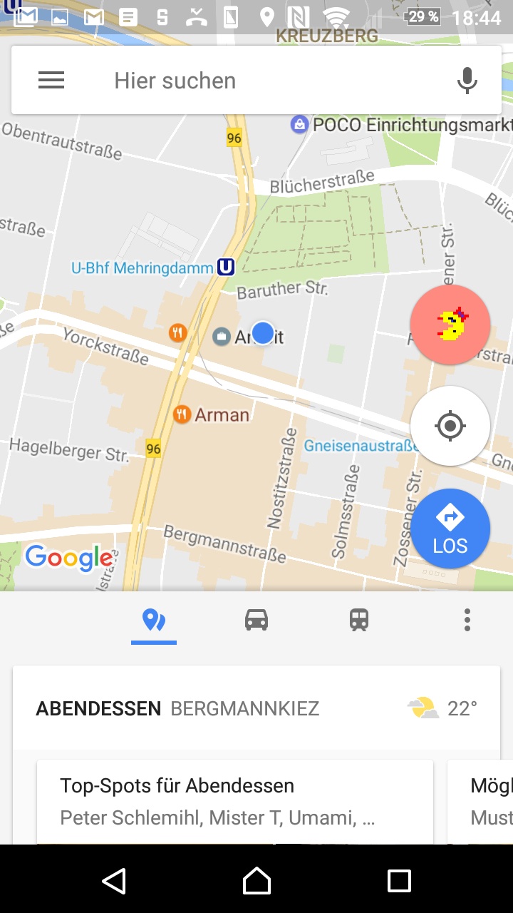 Der Maps-Startbildschirm mit dem unverwechselbaren Pac-Man-Zeichen rechts.