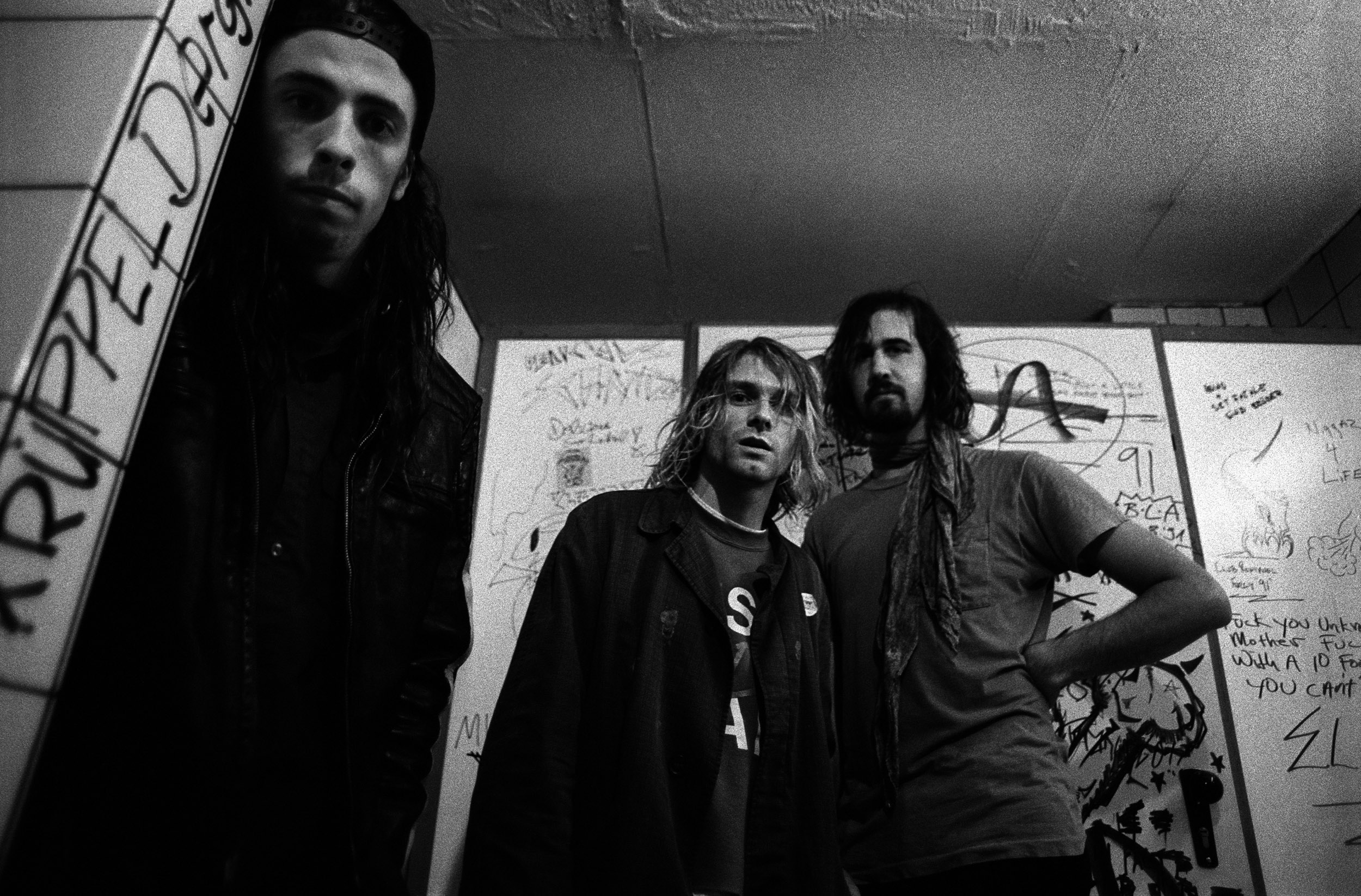 Dave Grohl, Kurt Cobain, Krist Novoselic: Nirvana 1991 backstage in Frankfurt/Main