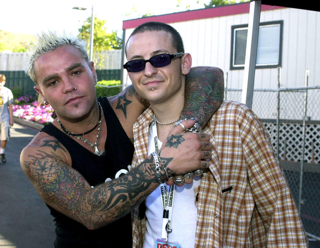 (EXCLUSIVE, Premium Rates Apply) Crazy Town & Linkin Park backstage at Weenie Roast (Photo by Lester Cohen/WireImage)