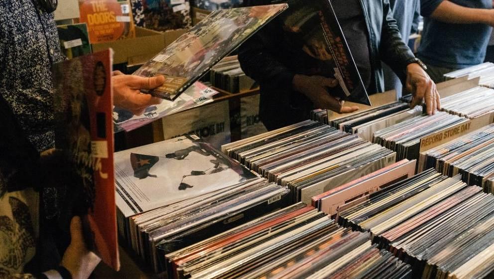 Denmark, Copenhagen - April 21, 2018. Vinyl record fans are digging the crates in the Danish vinyl store Route 66, which is o