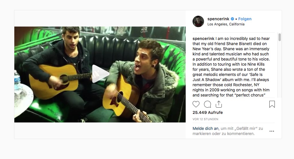 Shane Bisnett, hier in einem Instagramvideo neben Spencer Charnas. Der ehemalige Bassist der Metalcoreband Ice Nine Kills starb am 1. Januar 2019 mit 31 Jahren.
