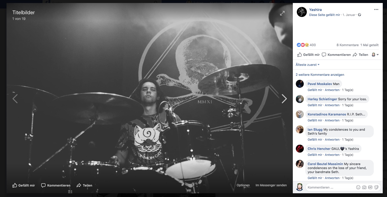 Seth Howard, Drummer der Metalband Yashira aus Florida, starb am 29. Dezember 2018 mit 24 Jahren bei einem Autounfall in der Nähe von Gainesville.