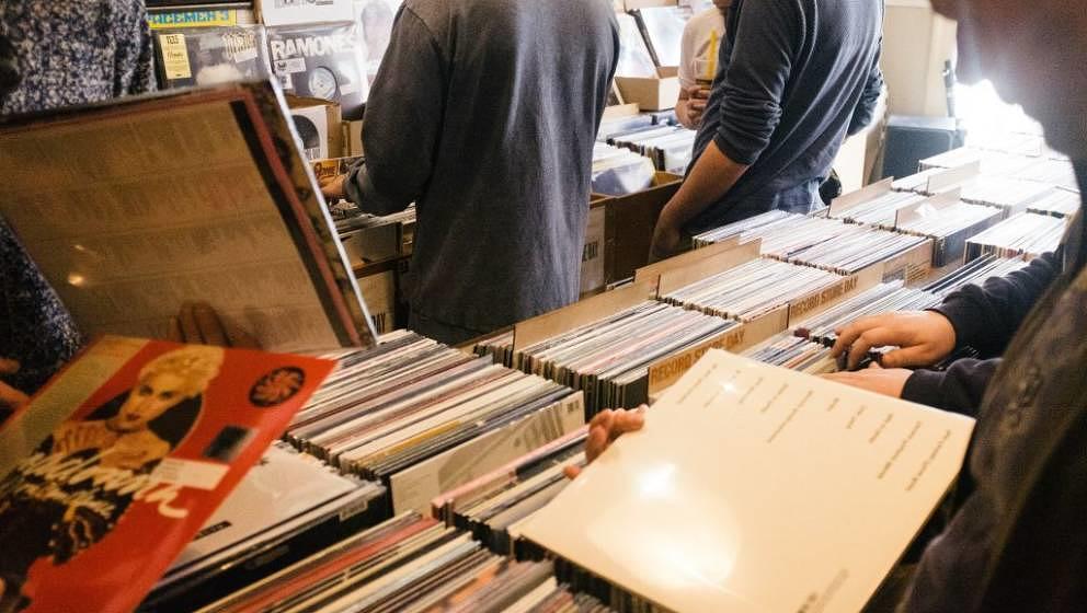 Denmark, Copenhagen - April 21, 2018. Vinyl record fans are digging the crates in the Danish vinyl store Route 66, which is o