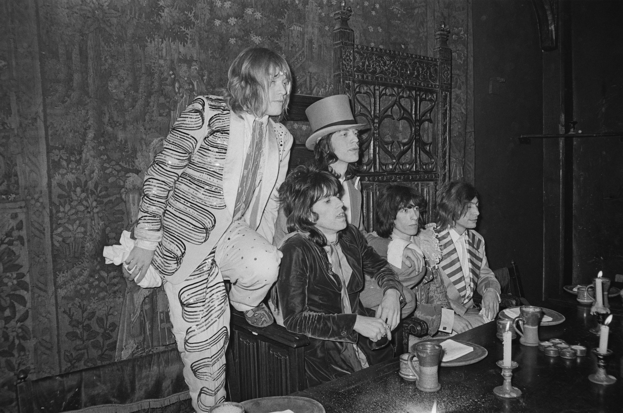 The Rolling Stones auf der Launchparty ihres Album „Beggars Banquet“ am 5. Dezember 1968 im Londoner Kensington Hotel