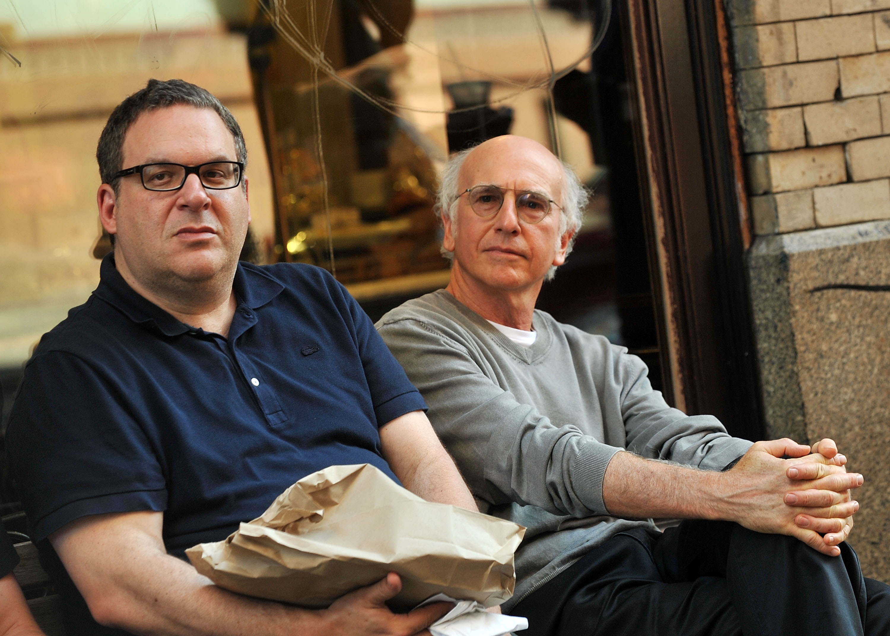Jeff Garlin und Larry David am Set von „Curb Your Enthusiasm“ in New York