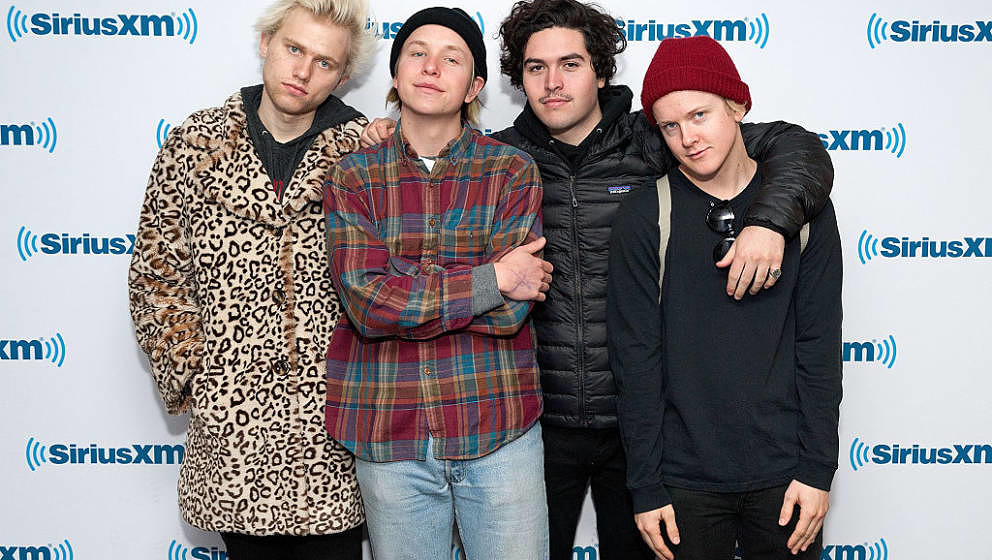 NEW YORK, NEW YORK - MARCH 03:  (L-R) Sebastian Mueller, Cole Becker, Joey Armstrong, and Max Becker of the band SWMRS visit 