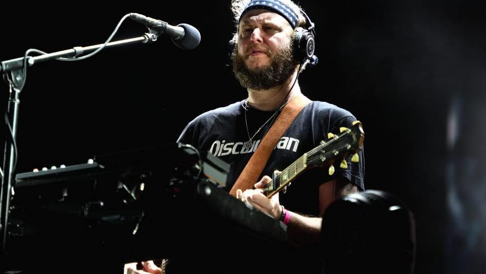 LONDON, ENGLAND - JUNE 02:  Justin Vernon of Bon Iver performs as headliner on the North stage during the All Points East Fes