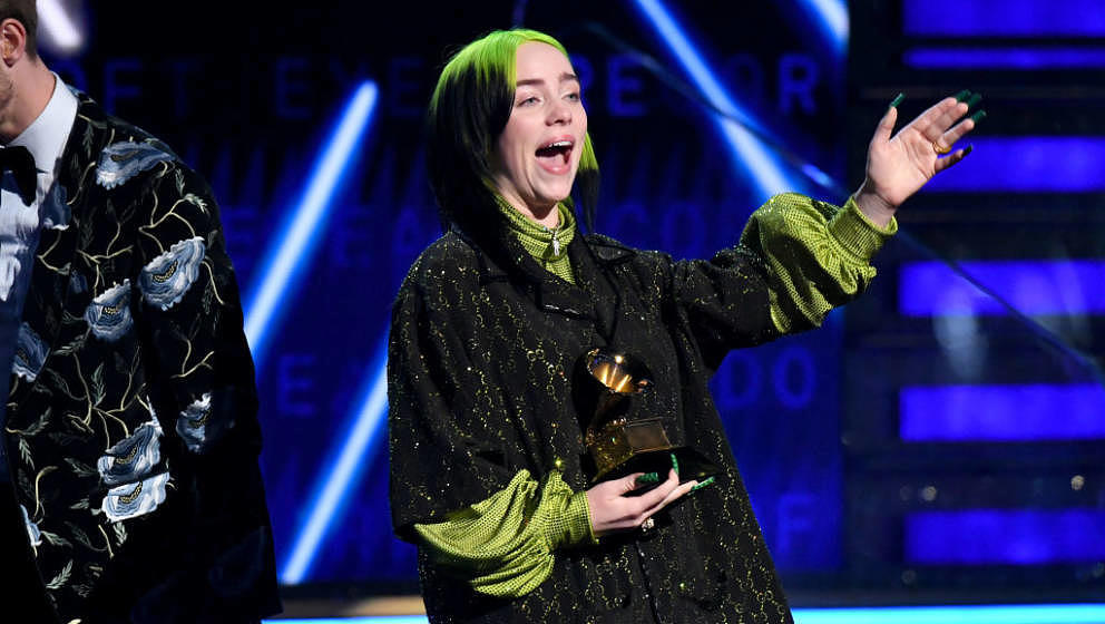 LOS ANGELES, CALIFORNIA - JANUARY 26: Billie Eilish accepts Record of the Year for 'Bad Guy' onstage during the 62nd Annual G