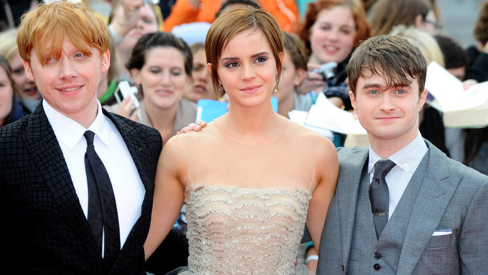 Die Harry Potter-Darsteller Rupert Grint (Ron Weasley), Emma Watson (Hermine Granger) und Daniel Radcliffe (Harry Potter).