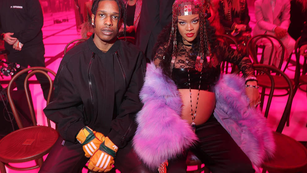 MILAN, ITALY - FEBRUARY 25: Asap Rocky and Rihanna are seen at the Gucci show during Milan Fashion Week Fall/Winter 2022/23 o