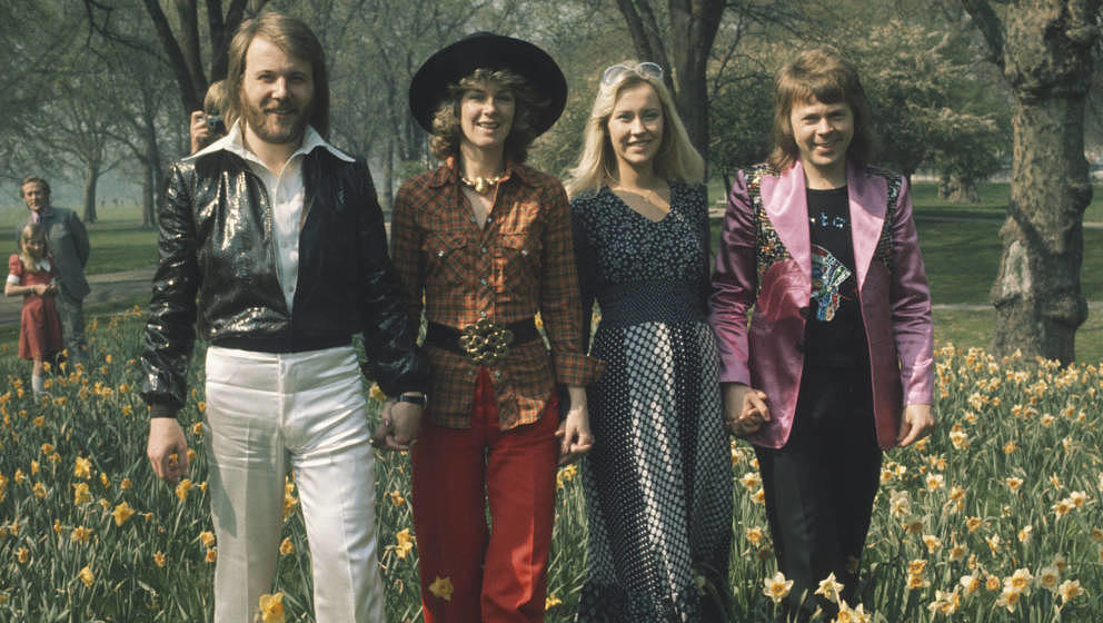 LONDON, UNITED KINGDOM - APRIL 09: Swedish pop group Abba, winners of the 1974 Eurovision Song Contest at Brighton, strolling