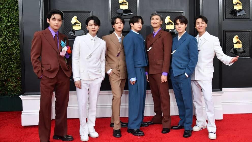 South Korean boy band BTS arrives for the 64th Annual Grammy Awards at the MGM Grand Garden Arena in Las Vegas on April 3, 20