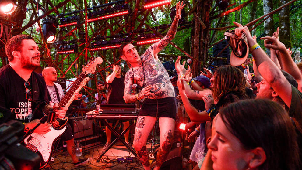 Sebastian Murphy of The Viagra Boys performs on the Woods stage at Pickathon festival in Happy Valley, Oregon, USA on 3rd Aug