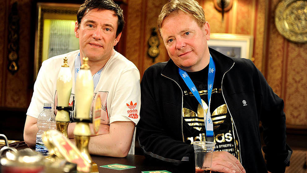 MANCHESTER, ENGLAND - JUNE 05: Stephen Morris and Bernard Sumner of Bad Lieutenant share a drink in The Rovers Return at adid