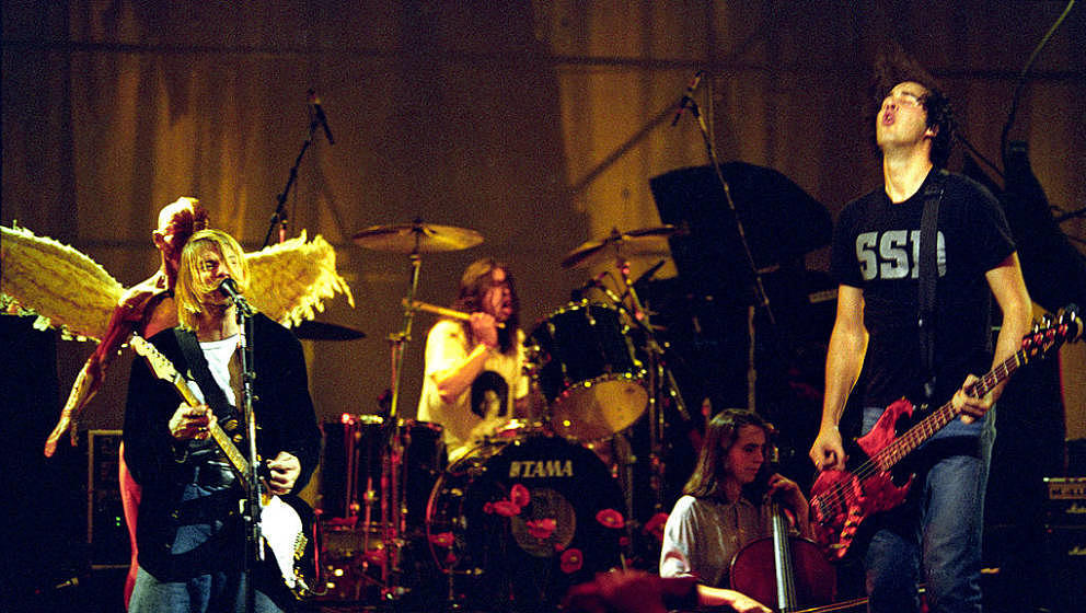 Kurt Cobain, Dave Grohl and Krist Novoselic of Nirvana (Photo by Jeff Kravitz/FilmMagic)